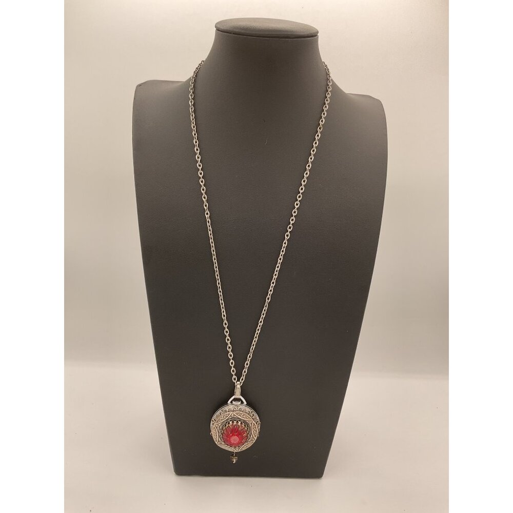 Vintage Silver Pocket Watch Necklace With Ornate Red Jewel Pendant